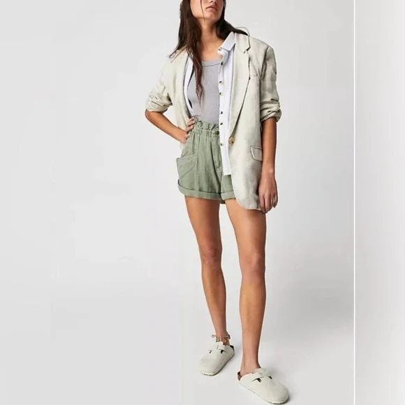 FREE PEOPLE OIL GREEN LINEN - COTTON BLEND SHORTS NWT